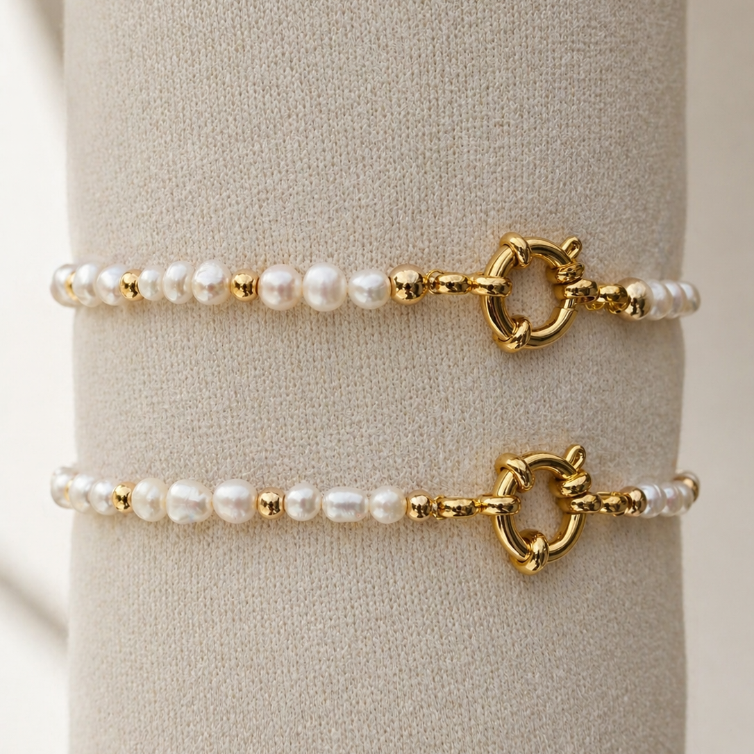 Armband | RVS | Zoetwaterparels & Goud | 17,5cm