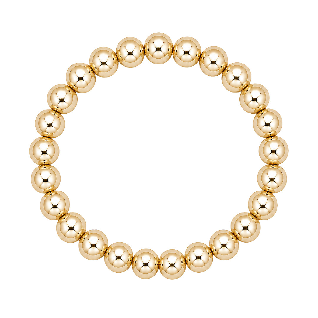 Gouden elastische kralenarmband van gold filled 14K met 8mm kralen, van Bedels & Bedels.