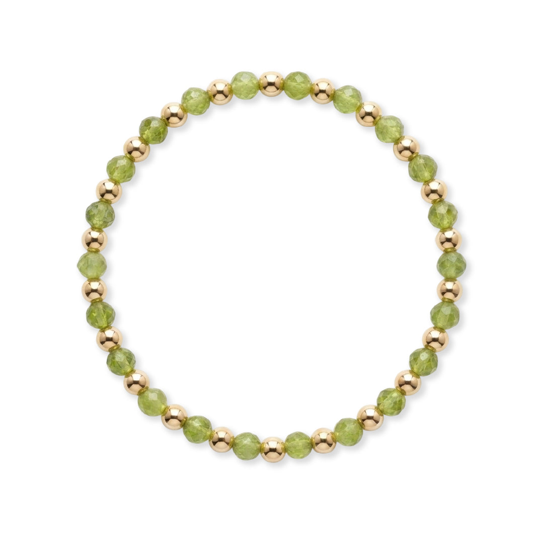 Gouden armband van gold filled 14K met gefacetteerde groene peridoot edelstenen van 4mm, van Bedels & Bedels.