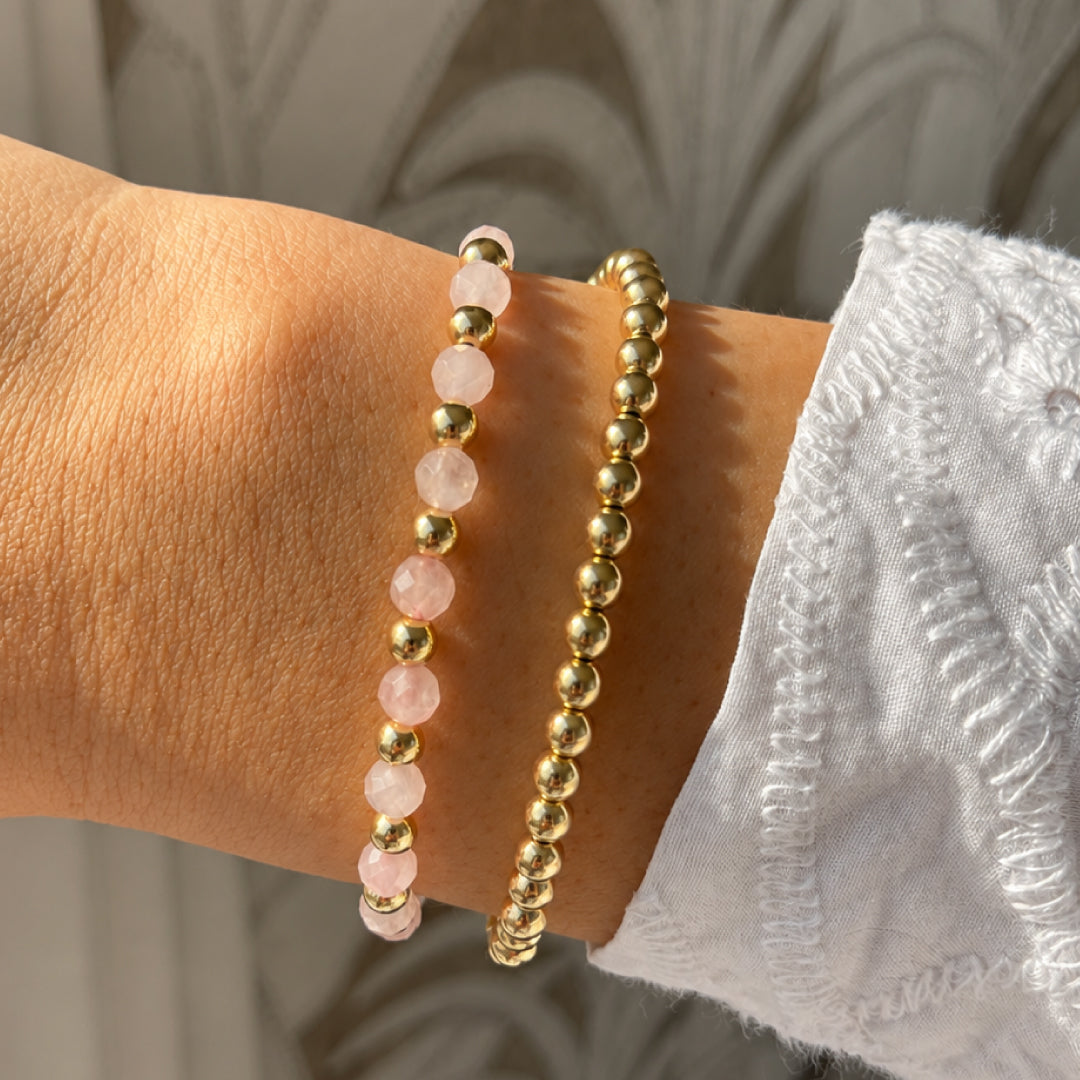 Armband | Gold Filled 14K | Rozenkwarts & Goud | 4mm | 17,5cm