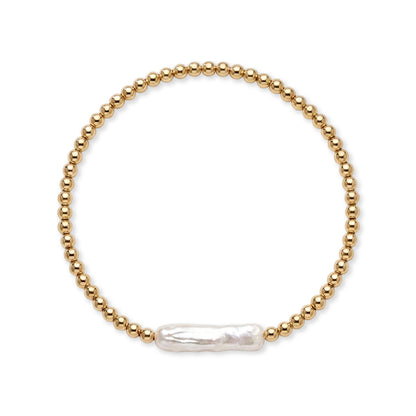 Gouden kralenarmband van gold filled 14K met een staafvormige witte zoetwaterparel, van Bedels & Bedels.