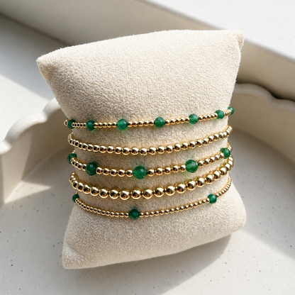 Armband | Gold Filled 14K | Groene Agaat & Gouden kralen | 2/3mm | 17,5cm