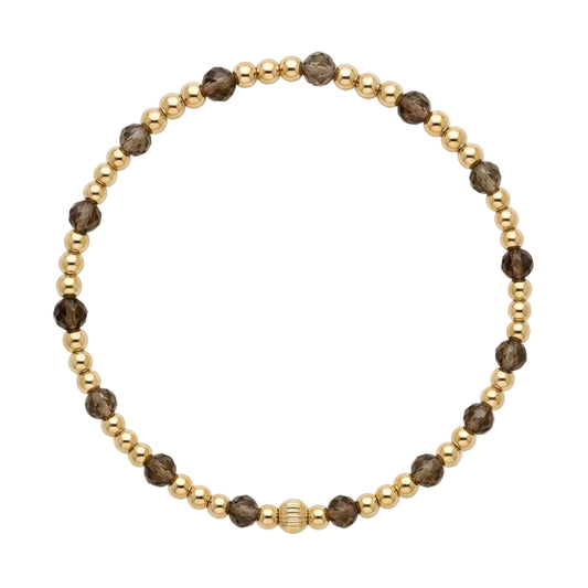 Gouden armband van Bedels & Bedels met gold filled kralen en rookkwarts edelstenen op witte achtergrond