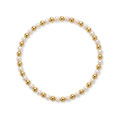 Gouden parelarmband van gold filled 14K met om en om 4mm gouden kralen en witte zoetwaterparels, van Bedels & Bedels.