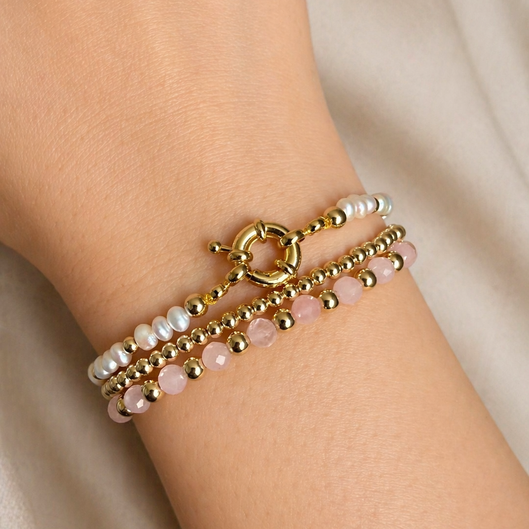 Armband | Gold Filled 14K | Rozenkwarts & Goud | 4mm | 17,5cm