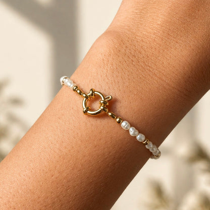 Armband | RVS | Zoetwaterparels & Goud | 17,5cm