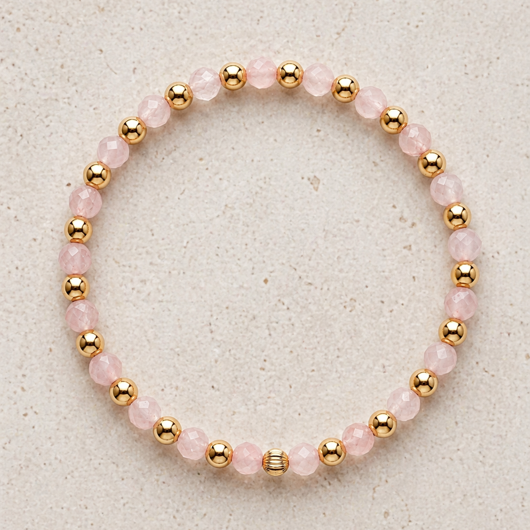 Armband | Gold Filled 14K | Rozenkwarts & Goud | 4mm | 17,5cm