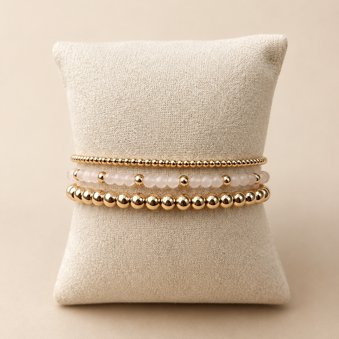 Armband | Gold Filled 14K | Rozenkwarts & Goud | 3mm | 17,5cm